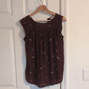 LOFT Burgundy Bird Print Blouse